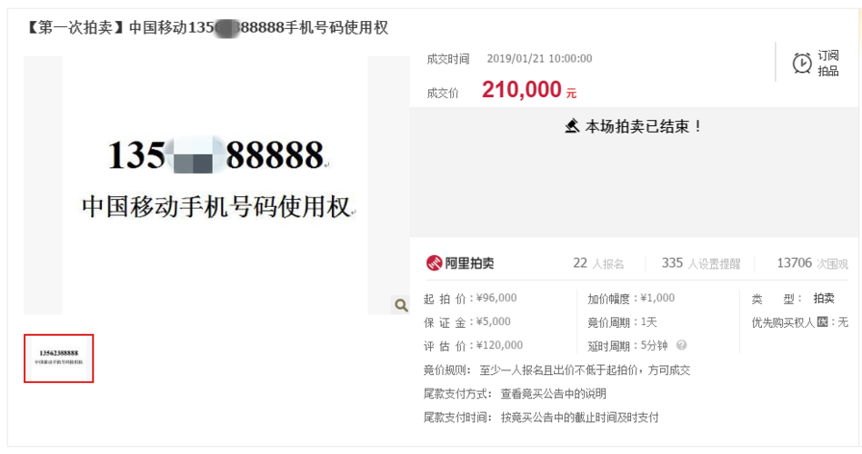 青州法院拍卖一手机号起拍价23万