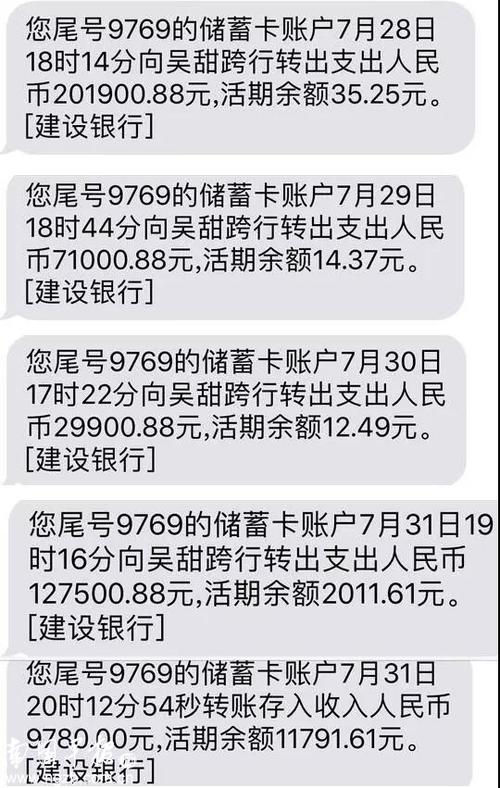 陈先生给吴甜转账后收到的银行短信.